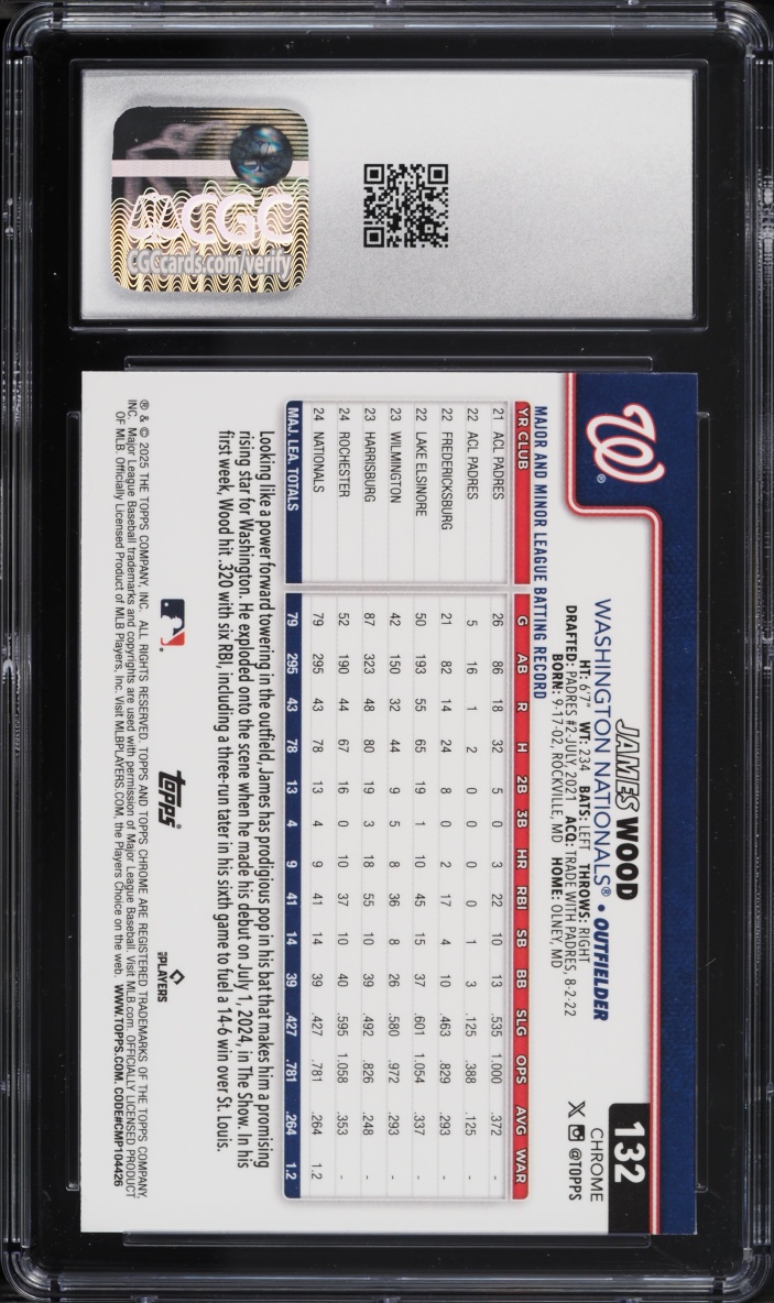 2025 Topps Chrome James Wood ROOKIE #132 CGC 10 GEM MINT