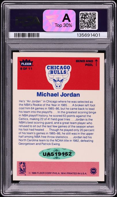 1986 Fleer Sticker Michael Jordan ROOKIE AUTO #8 PSA 8 NM-MT