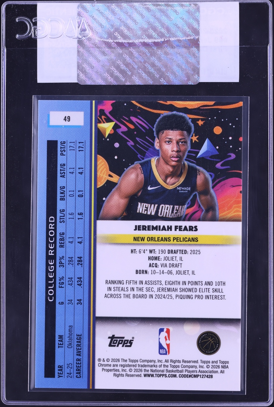 2025 Topps Chrome Cosmic First Day Issue Refractor Jeremiah Fears ROOKIE /12 #49 CGC AUTH
