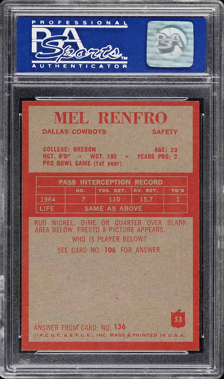 1965 Philadelphia Mel Renfro ROOKIE #53 PSA 8 NM-MT