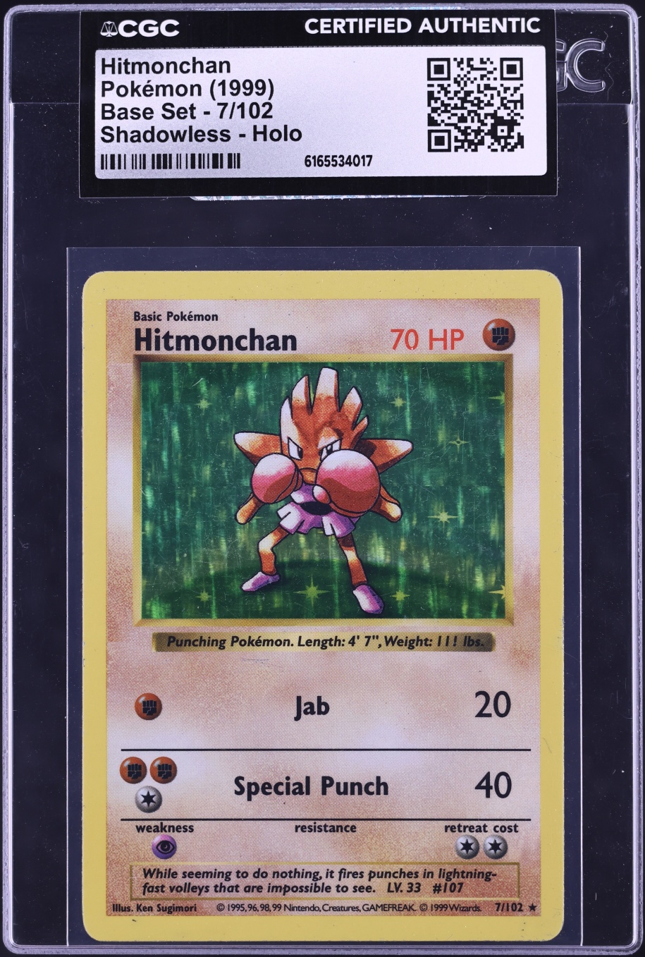 1999 Pokemon Base Set Shadowless Holo Hitmonchan #7 CGC AUTH