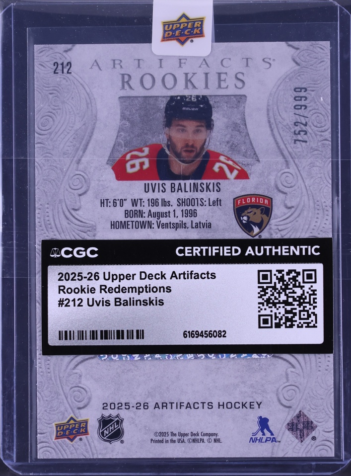 2025 Upper Deck Artifacts Redemptions Uvis Balinskis ROOKIE /999 #212 CGC AUTH