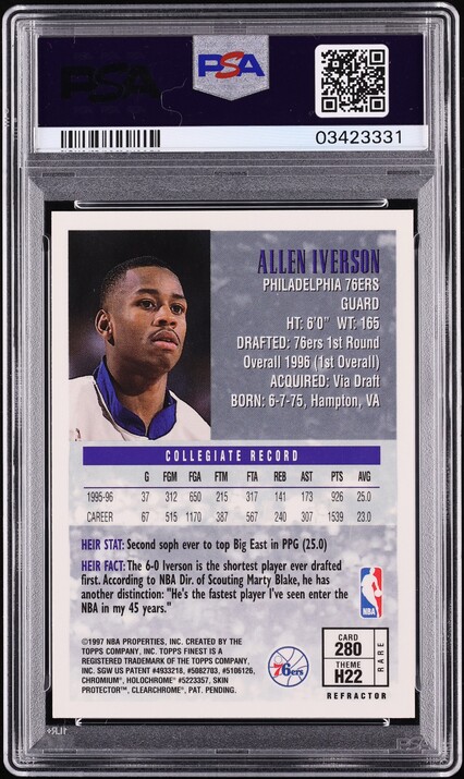 1996 Finest Gold Refractor Allen Iverson ROOKIE #280 PSA 10 GEM MINT