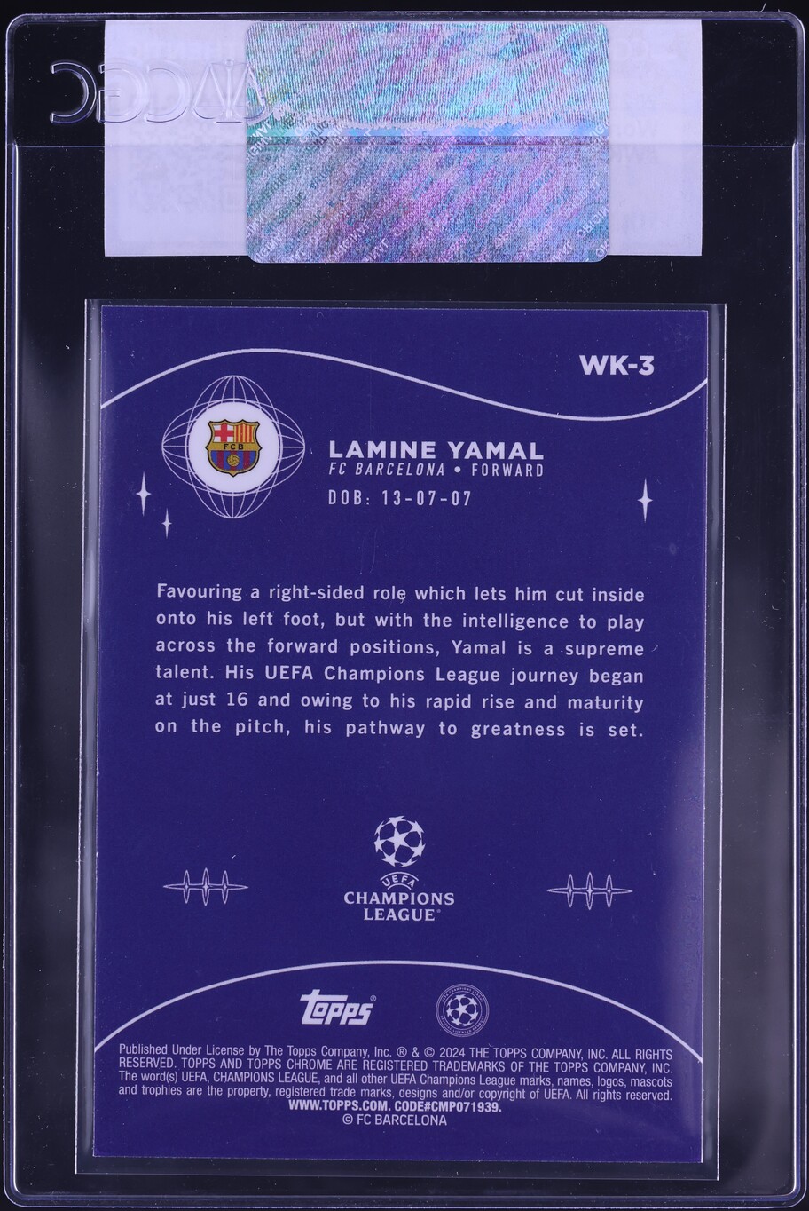 2023 Topps Chrome UEFA Club Competitions Wonderkids Lamine Yamal ROOKIE #WK-3 CGC AUTH