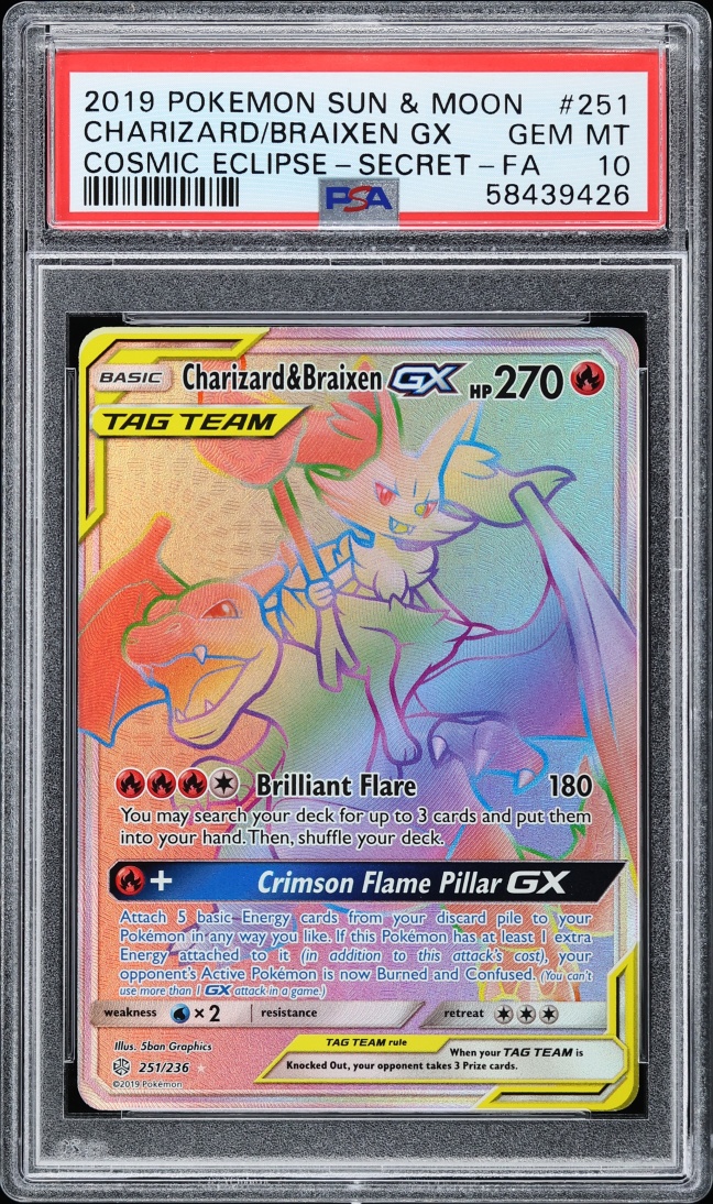 2019 Pokemon Sun & Moon Cosmic Eclipse Rainbow Rare Charizard & Braixen GX #251 PSA 10 GEM MINT