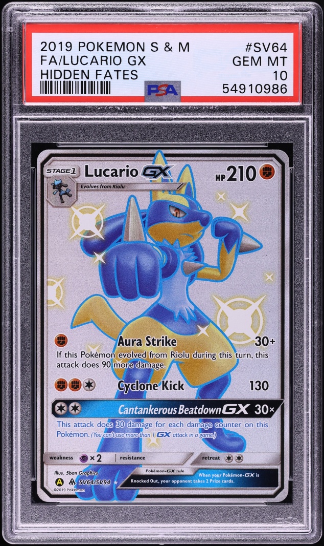 2019 Pokemon Sun & Moon Hidden Fates Shiny Lucario GX #SV64 PSA 10 GEM MINT
