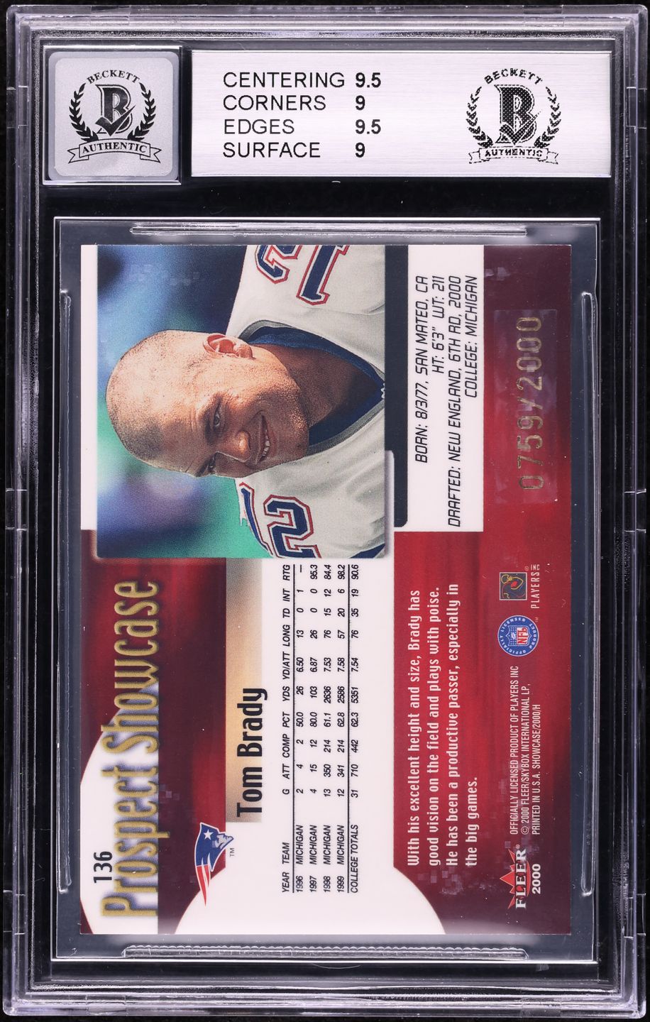 2000 Fleer Showcase Tom Brady ROOKIE AUTO /2000 #136 BAS BGS 9 MINT