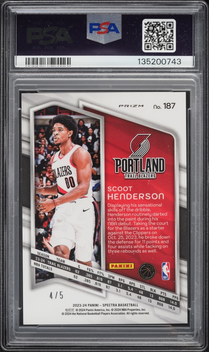 2023 Panini Spectra Marble Scoot Henderson ROOKIE /5 #187 PSA 9 MINT