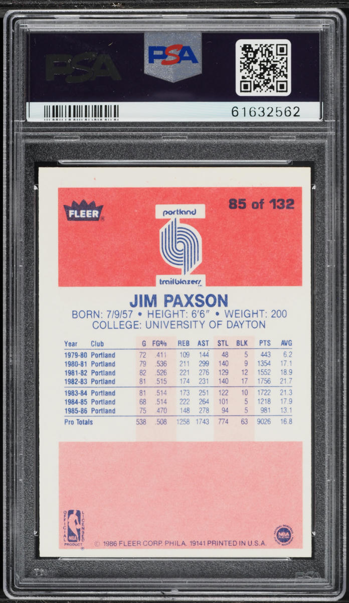 1986 Fleer Basketball Jim Paxson #85 PSA 6 EXMT