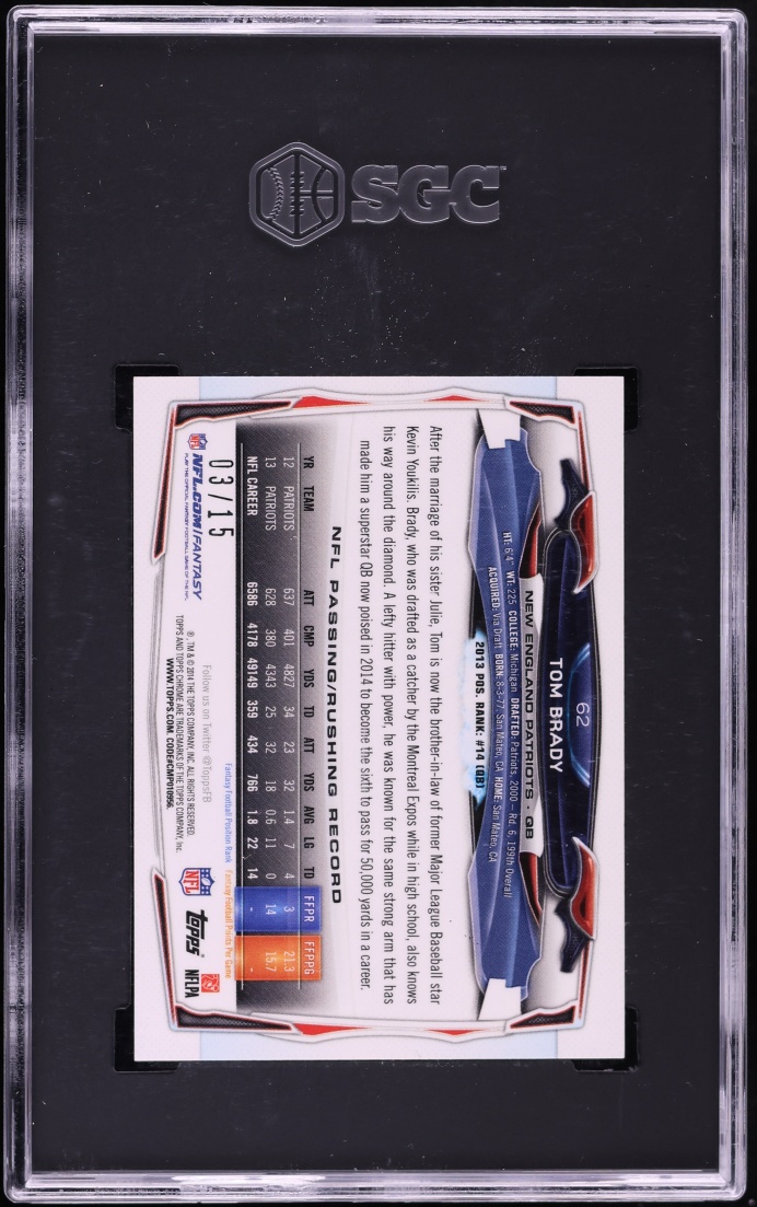 2014 Topps Chrome Mini Black Refractor Tom Brady /15 #62 SGC 9 MINT - Photo 2