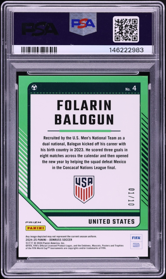2024 Donruss Optic FIFA Gold Folarin Balogun 1/10 #4 PSA 10 GEM MINT - Photo 2