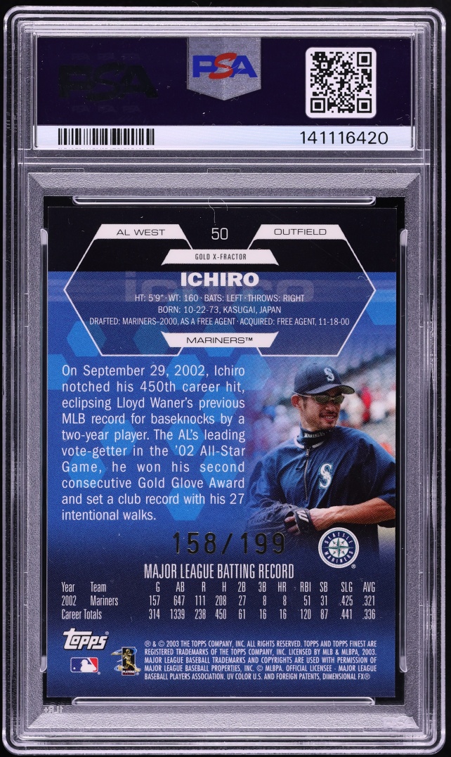 2003 Finest Gold Xfractor Ichiro /199 #50 PSA 10 GEM MINT - Photo 2