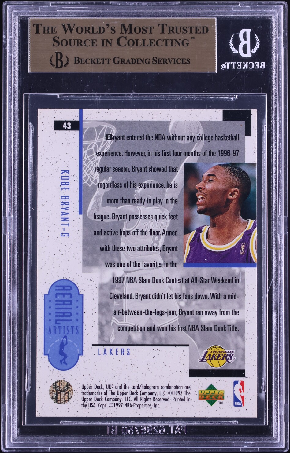 1996 UD3 Basketball Kobe Bryant ROOKIE #43 BGS 9.5 GEM MINT