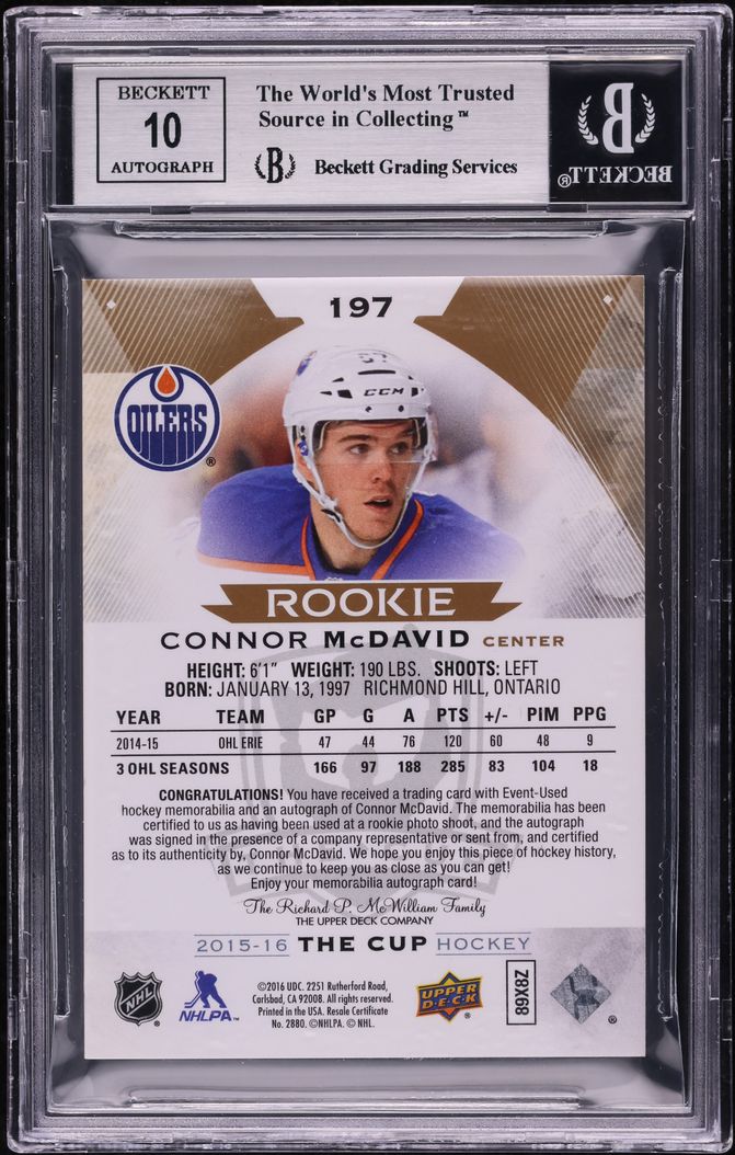 2015 Upper Deck The Cup Gold Connor McDavid ROOKIE PATCH AUTO /12 #197 BGS 9