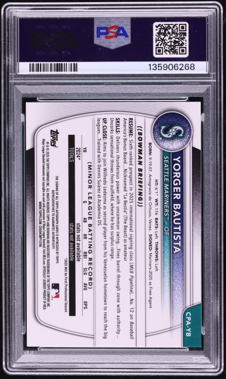 2025 Bowman Chrome Gold Mini Diamond Yorger Bautista PROSPECT AUTO /50 #CPA-YB PSA 9 MINT