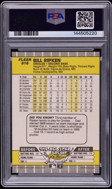 1989 Fleer Bill Ripken ROOKIE, FF ERROR #616 PSA 6 EXMT
