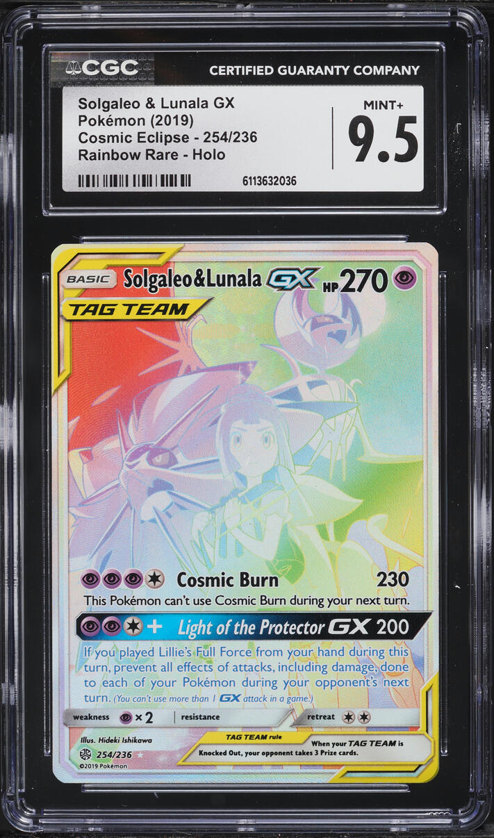 2019 Pokemon Sun & Moon Cosmic Eclipse Rainbow Rare Solgaleo & Lunala GX #254 CGC 9.5 MINT+