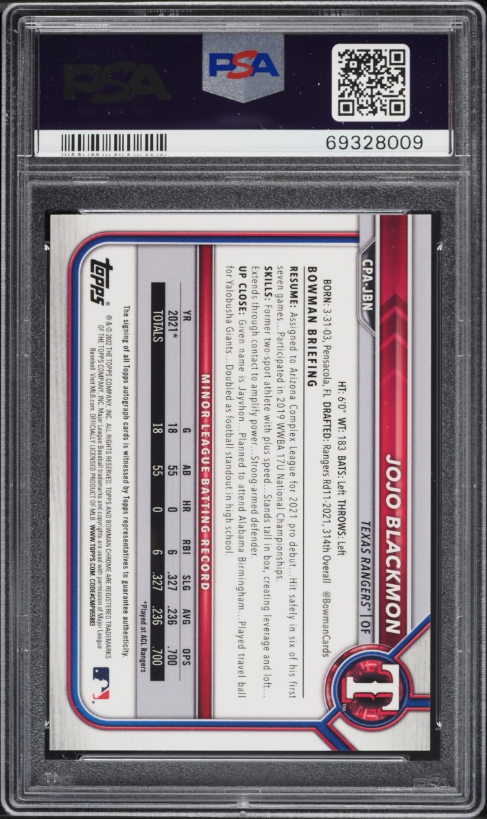 2022 Bowman Chrome Purple Refractor Jojo Blackmon PROSPECT AUTO /250 #CPA-JBN PSA 10 GEM MINT