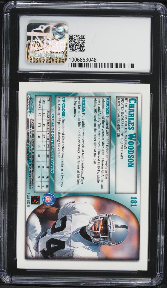 1998 Bowman Chrome Charles Woodson ROOKIE #181 CSG 7.5 NRMT+