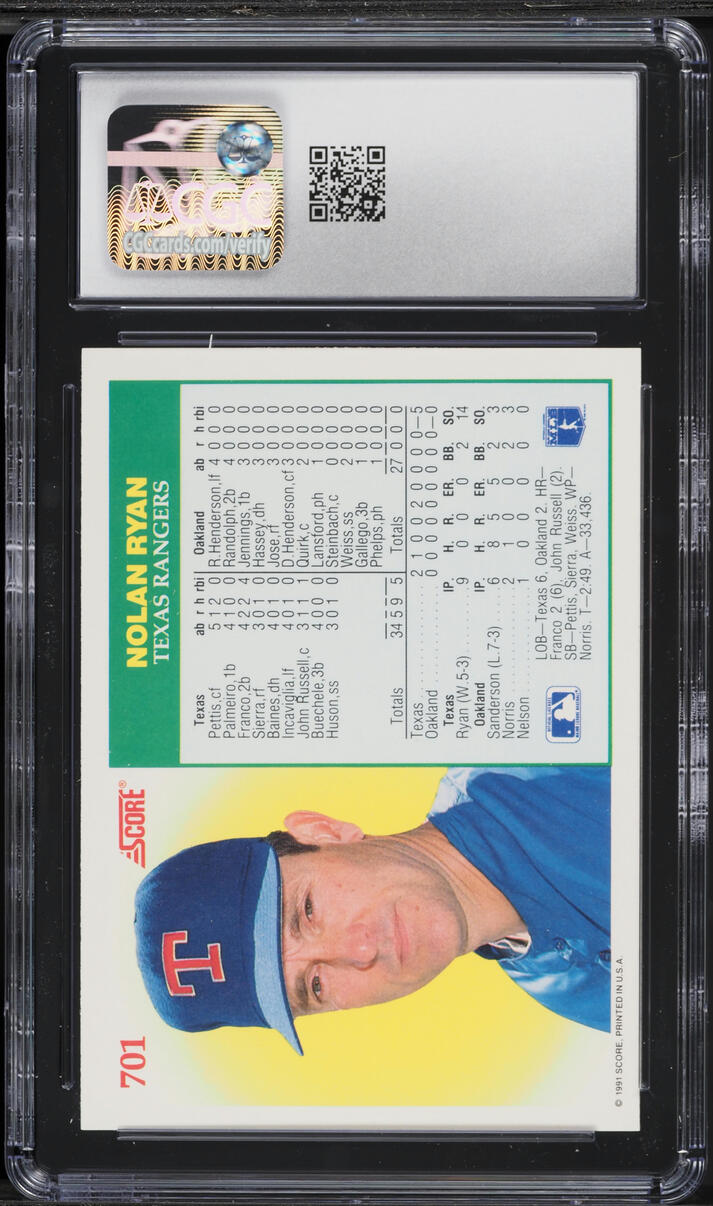 1991 Score Nolan Ryan #701 CGC 10 GEM MINT