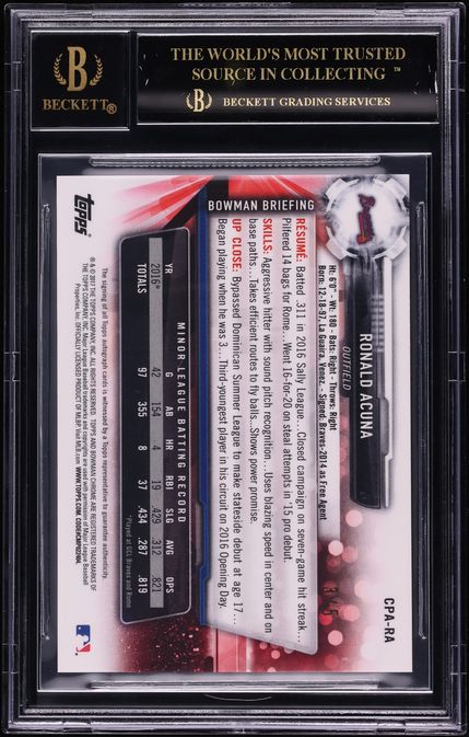 2017 Bowman Chrome Red Shimmer Ronald Acuna PROSPECT AUTO /5 BGS 10 PRISTINE, BLACK LABEL