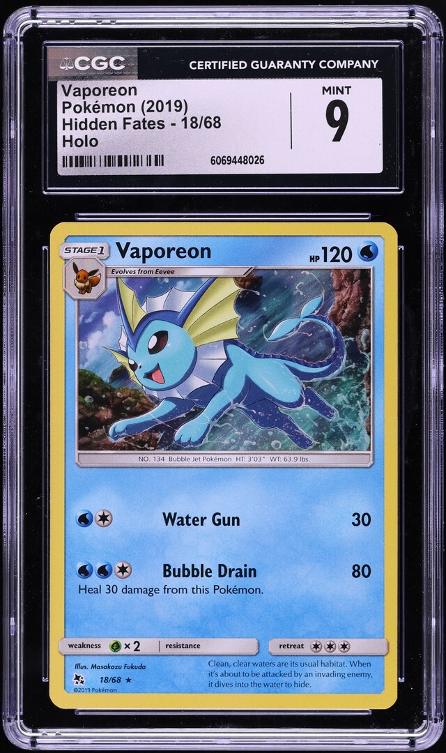 2019 Pokemon Sun & Moon Hidden Fates Holo Vaporeon #18 CGC 9 MINT