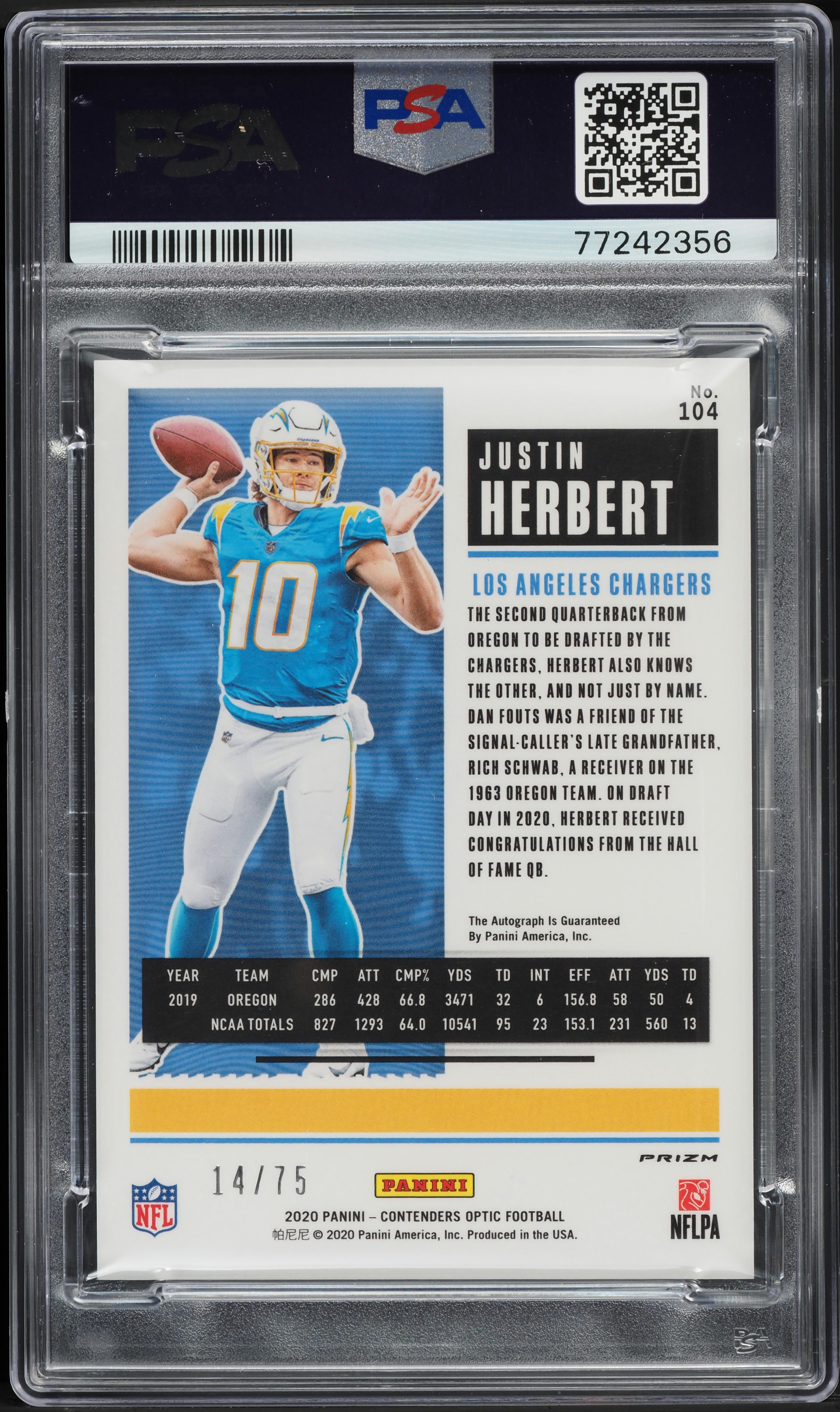 2020 Panini Contenders Optic Blue Justin Herbert ROOKIE AUTO /75 #104 PSA 9 MINT