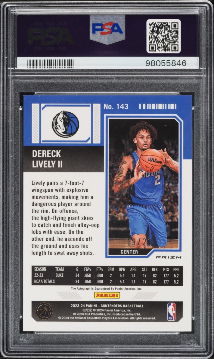 2023 Panini Contenders Premium Blue FOTL Dereck Lively II ROOKIE AUTO /21 #143 PSA 10 GEM MINT