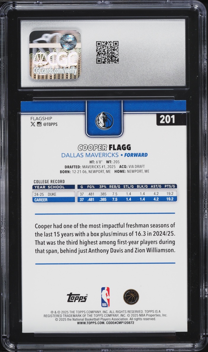 2025 Topps Basketball Cooper Flagg ROOKIE #201 CGC 9 MINT