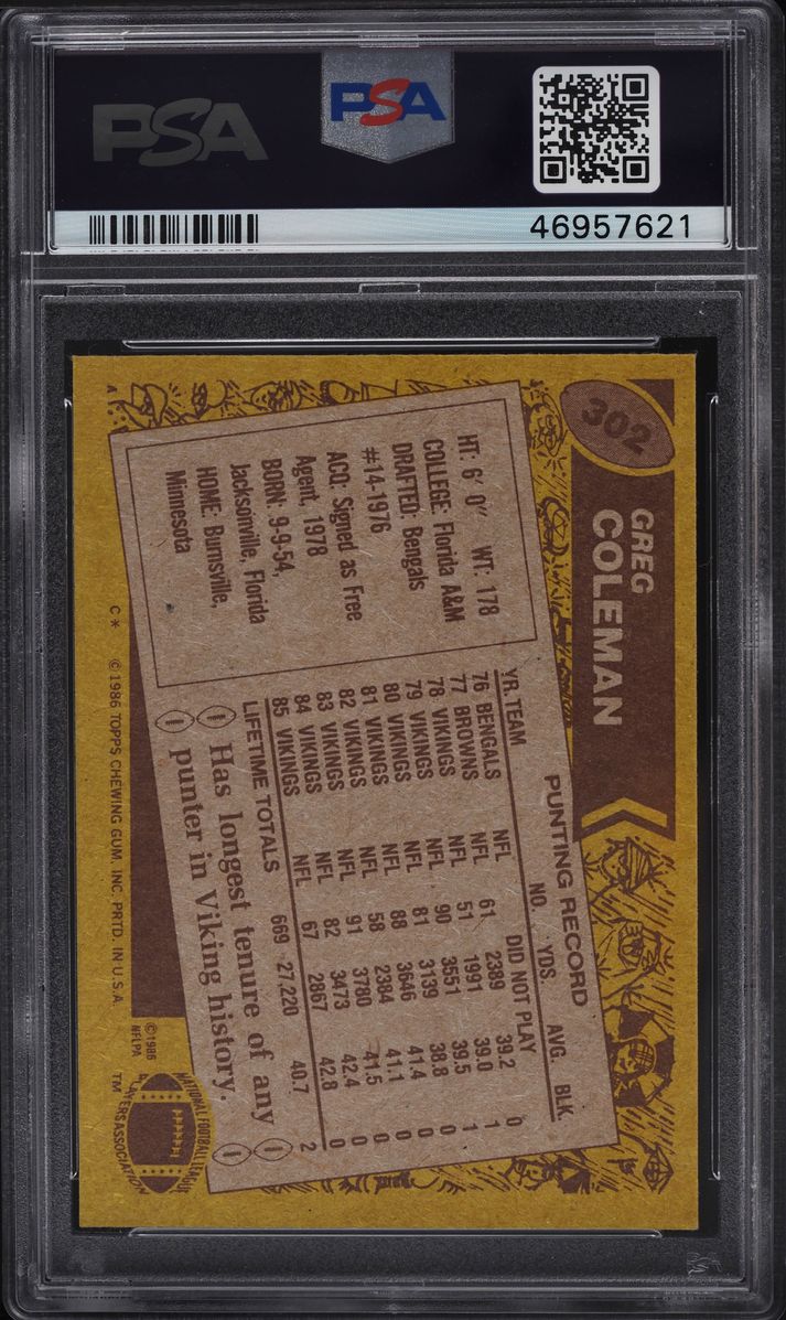1986 Topps Football Greg Coleman #302 PSA 7 NRMT