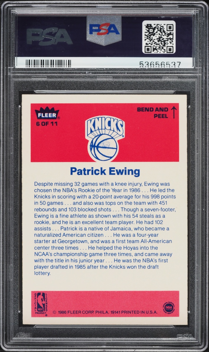 1986 Fleer Sticker Basketball Patrick Ewing ROOKIE #6 PSA 10 GEM MINT