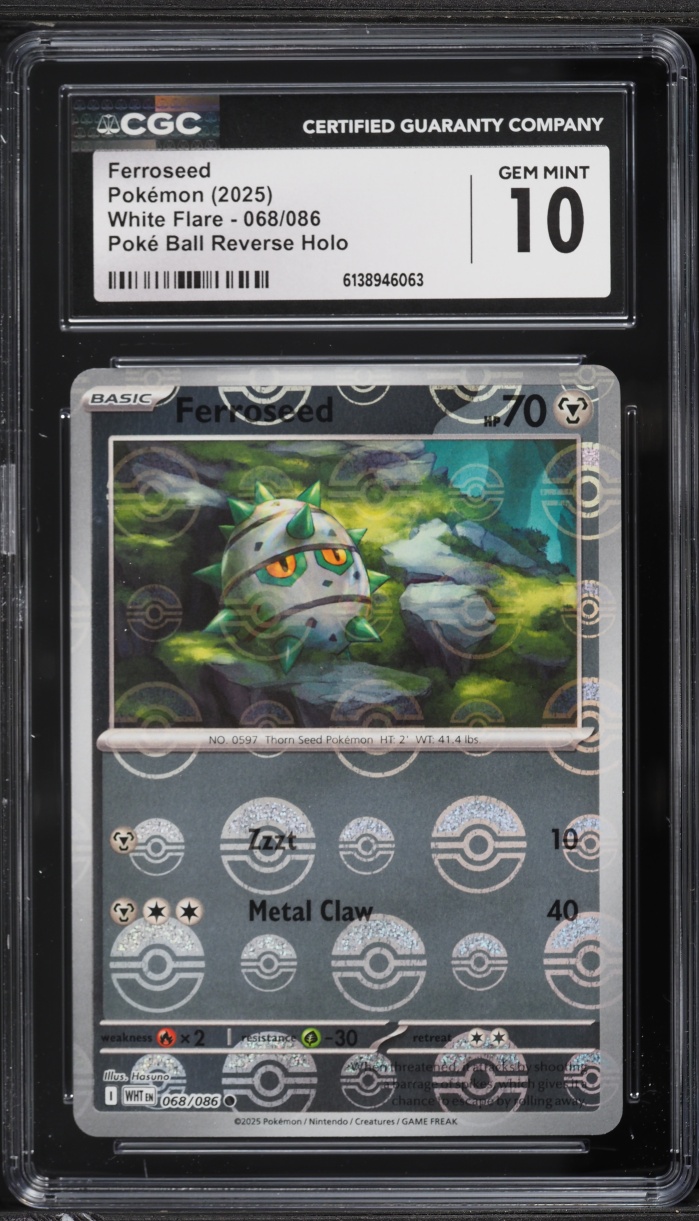 2025 Pokemon SV White Flare Poke Ball Reverse Holo Ferroseed #68 CGC 10 GEM MINT