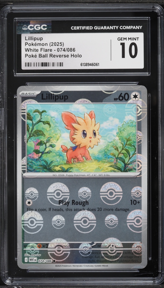 2025 Pokemon Scarlet & Violet White Flare Poke Ball Reverse Holo Lillipup #74 CGC 10 GEM MINT
