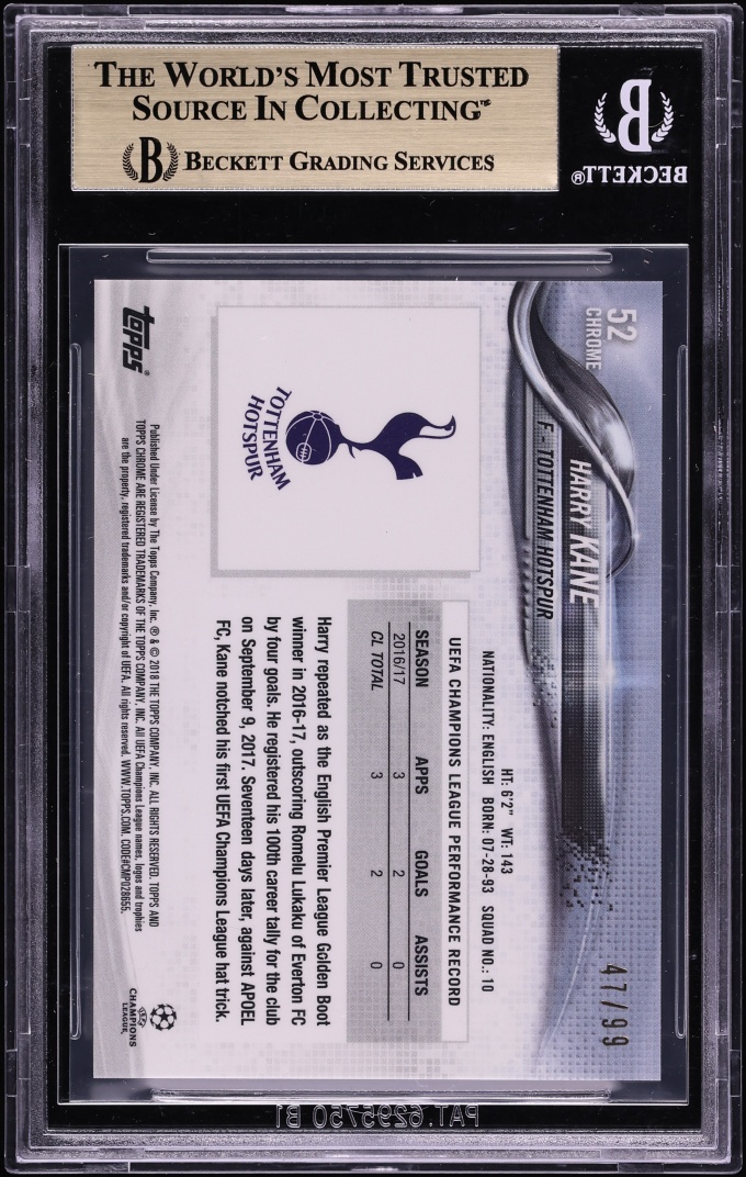 2017 Topps Chrome UEFA Green Refractor Harry Kane /99 #52 BGS 9.5 GEM MINT
