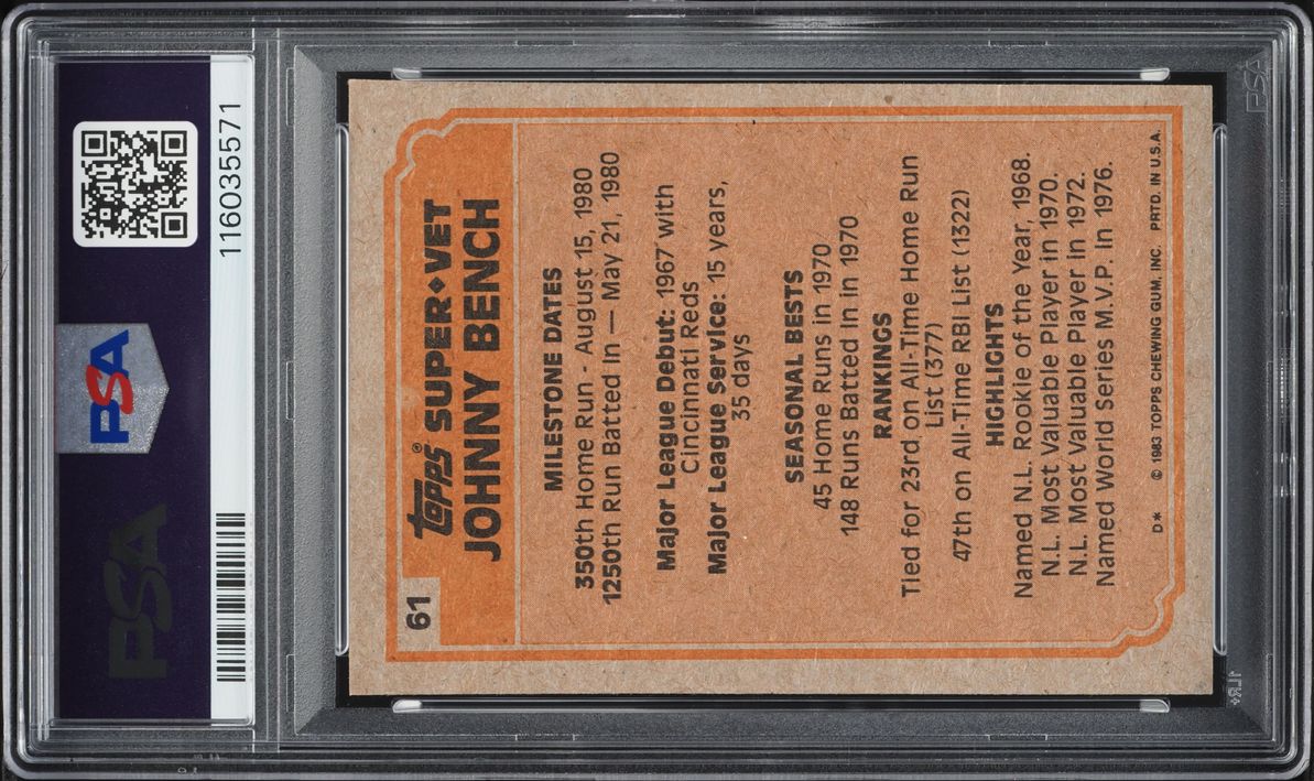 1983 Topps Johnny Bench #61 PSA 8 NM-MT