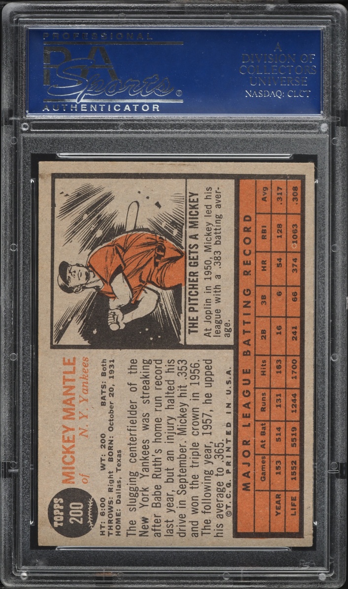 1962 Topps Mickey Mantle #200 PSA 6 EXMT