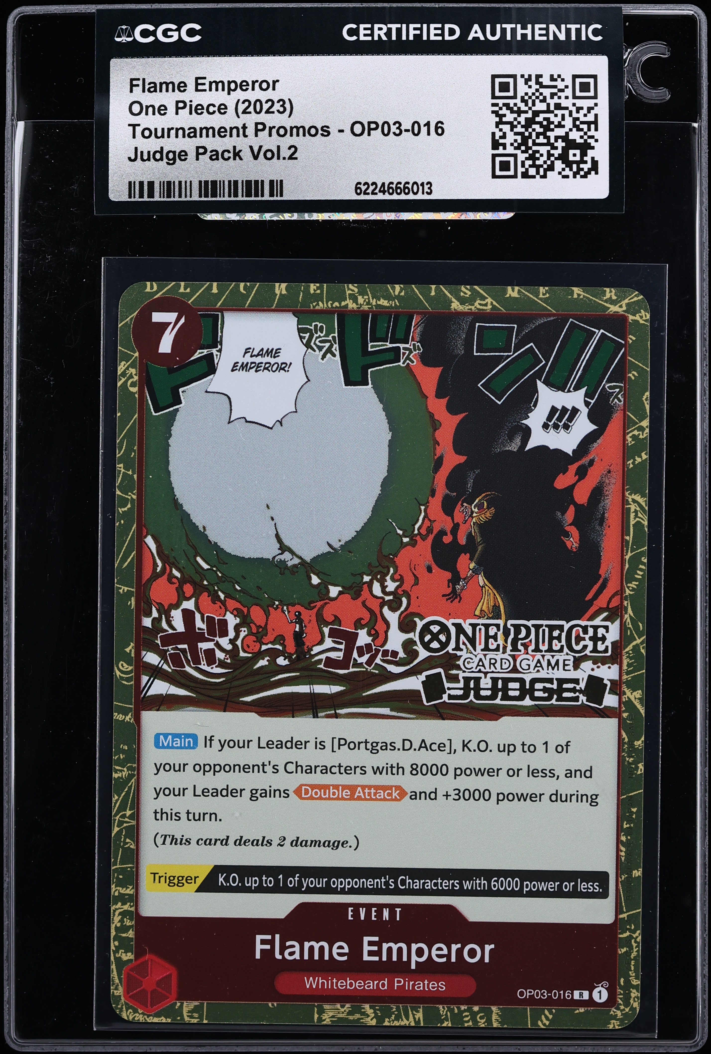2023 One Piece Tournament Promo Judge Pack Vol. 2 Flame Emperor #OP03-016 CGC AUTH