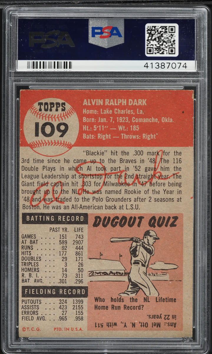 1953 Topps Alvin Dark SHORT PRINT #109 PSA 6 EXMT