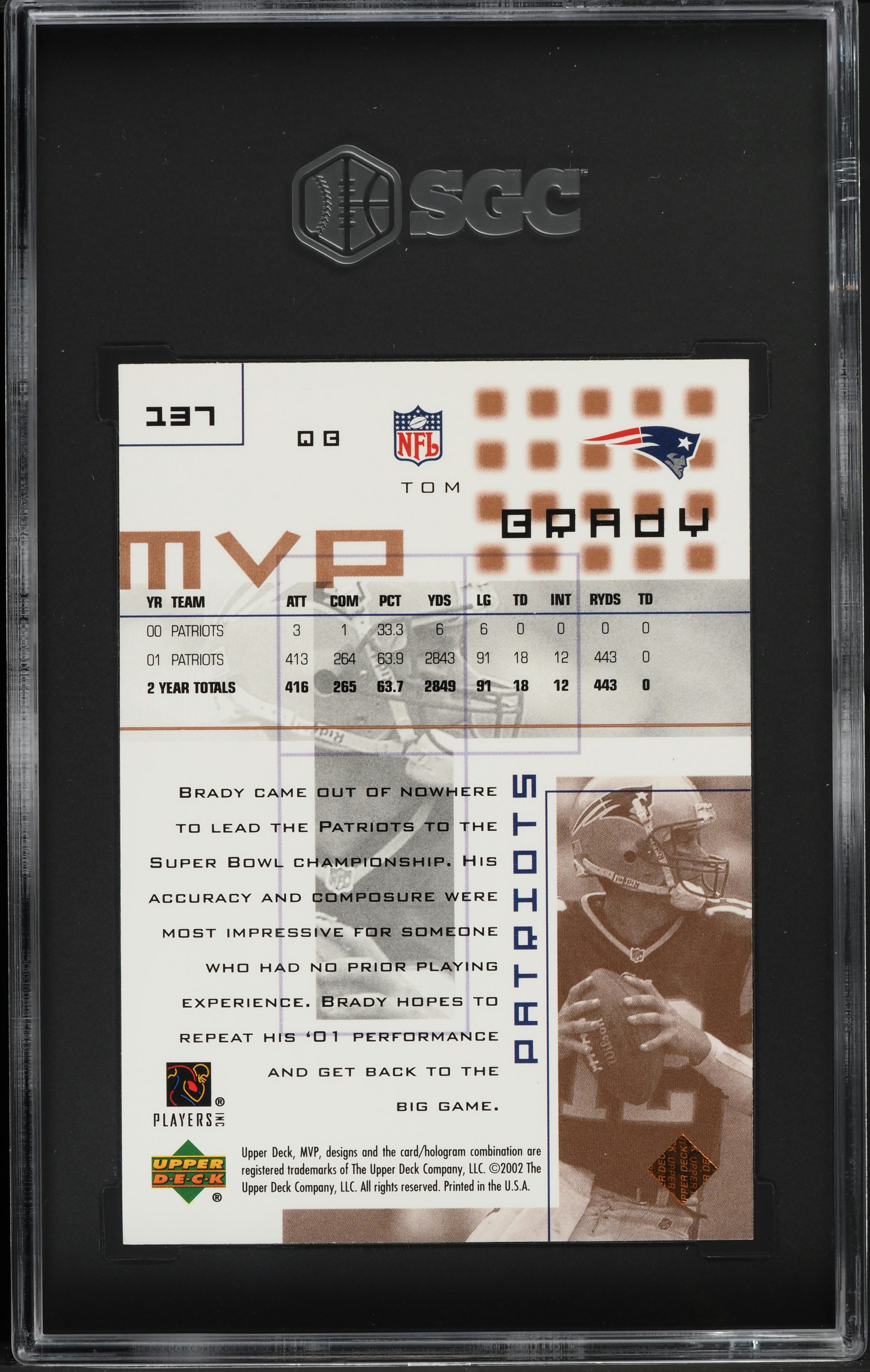 2002 Upper Deck MVP Tom Brady #137 SGC 9 MINT
