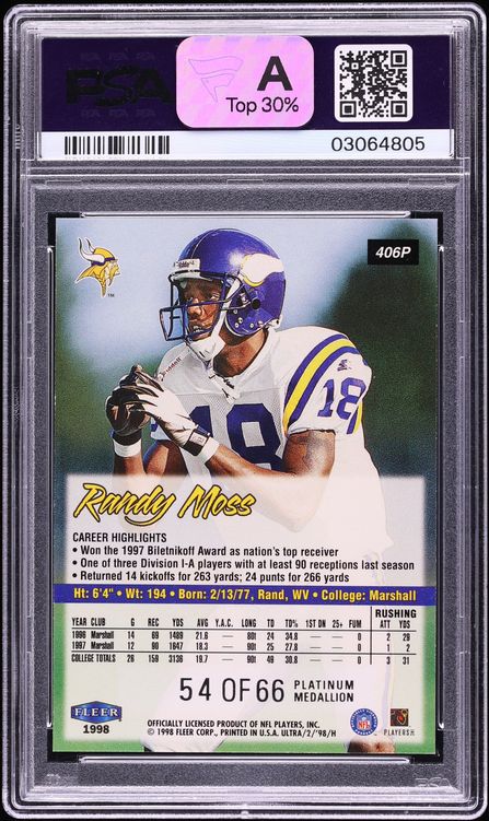 1998 Ultra Platinum Medallion Randy Moss ROOKIE /66 #406P PSA 9 MINT