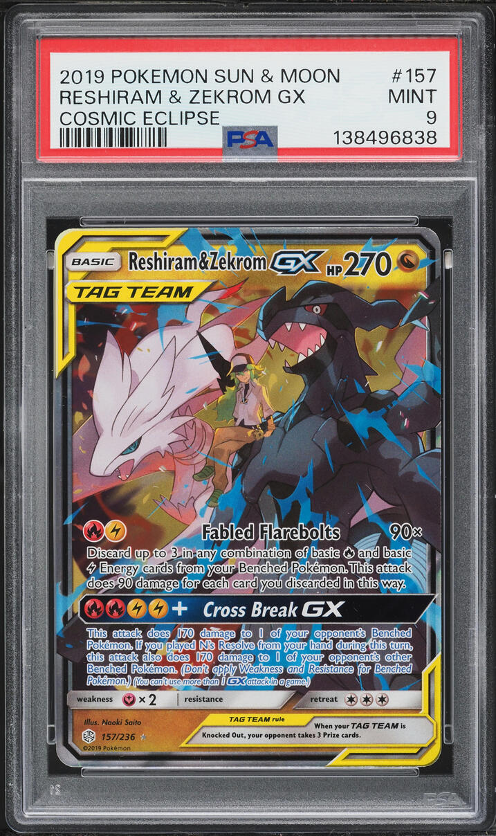 2019 Pokemon Sun & Moon Cosmic Eclipse Reshiram & Zekrom GX #157 PSA 9 MINT