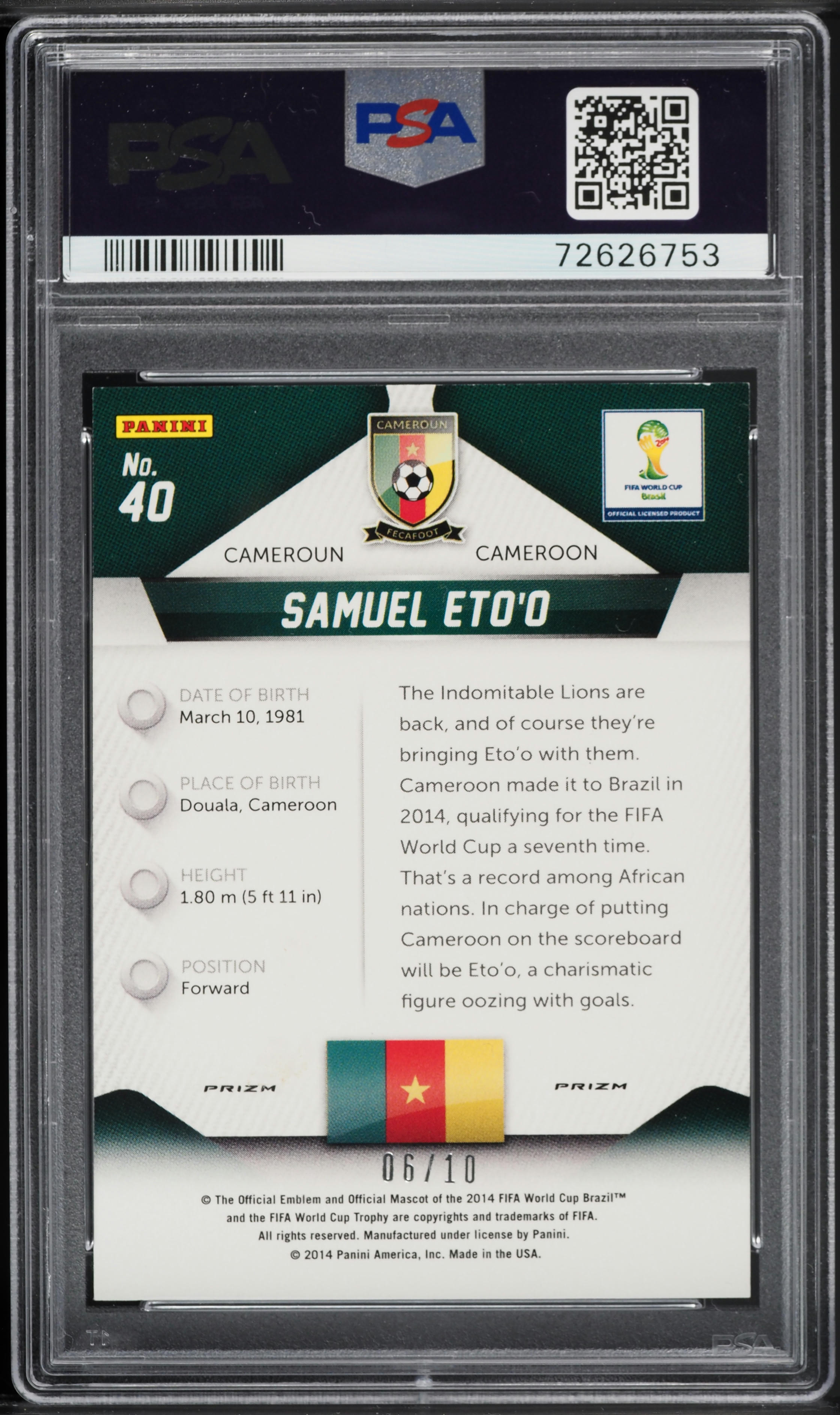 2014 Panini Prizm World Cup Gold Samuel Eto'o /10 #40 PSA 9 MINT
