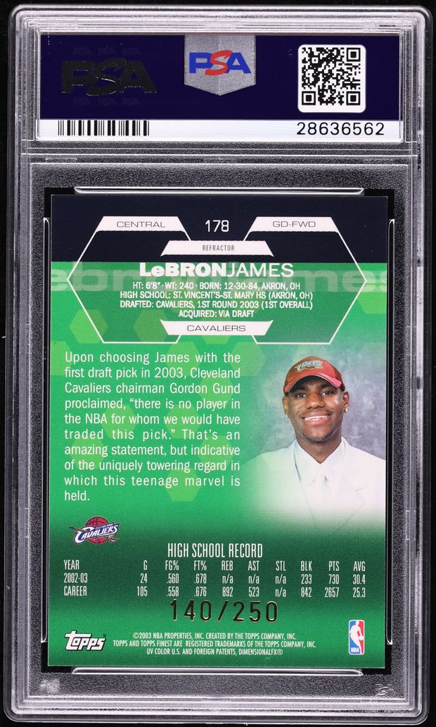 2002 Finest Refractor LeBron James ROOKIE /250 #178 PSA 10 GEM MINT