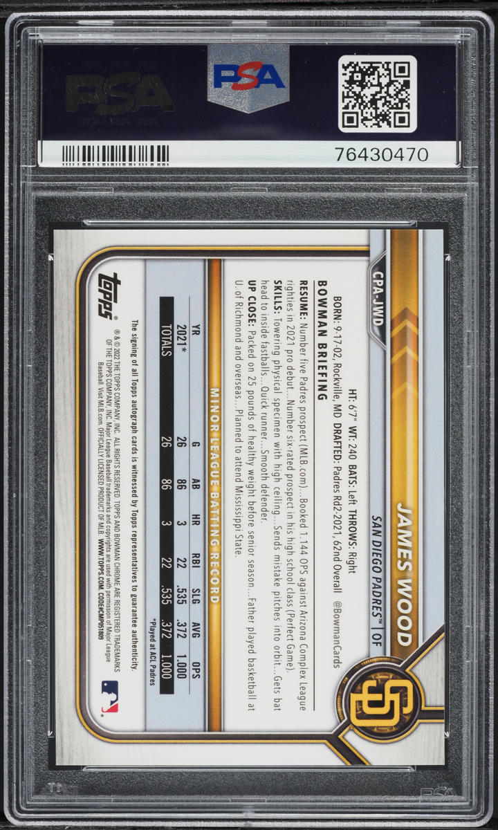2022 Bowman Chrome Orange Refractor James Wood PROSPECT AUTO /25 #CPA-JWD PSA 10