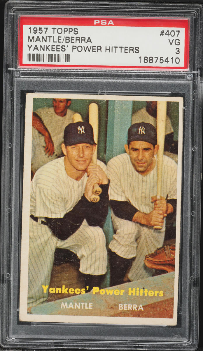 1957 Topps Mickey Mantle & Yogi Berra YANKEES' POWER HITTERS #407 PSA 3 VG
