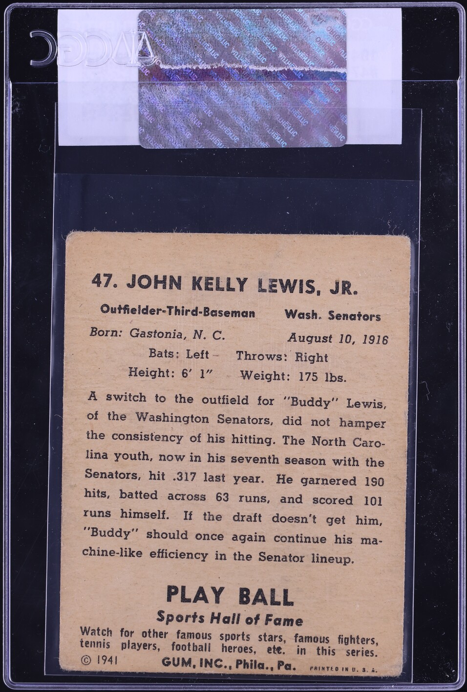 1941 Play Ball Buddy Lewis #47 CGC AUTH