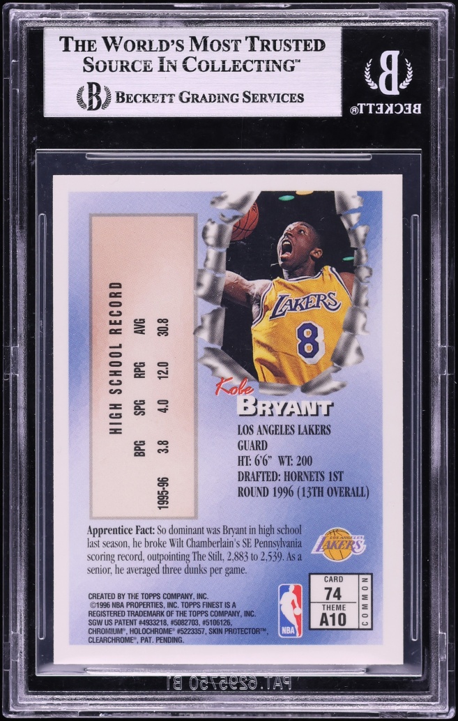 1996 Finest Basketball w/ Coating Kobe Bryant ROOKIE #74 BGS 9 MINT