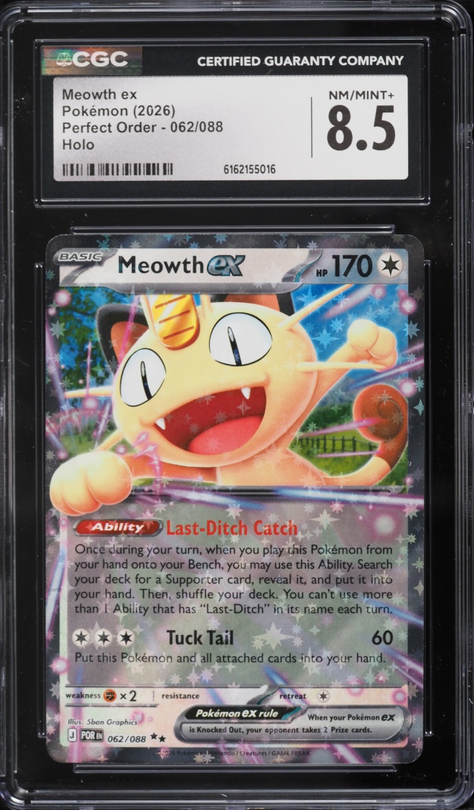 2026 Pokemon Mega Evolution Perfect Order Holo Meowth EX #62 CGC 8.5 NM-MT+