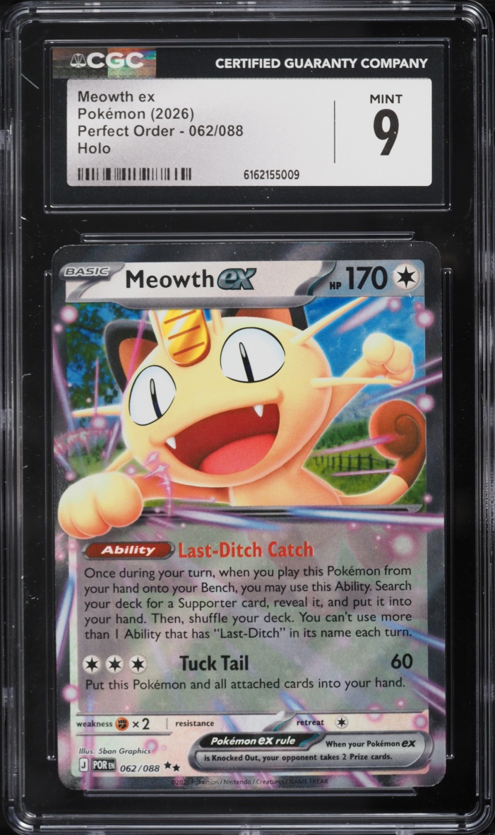 2026 Pokemon Mega Evolution Perfect Order Holo Meowth EX #62 CGC 9 MINT