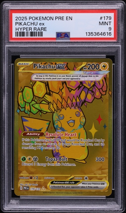 2025 Pokemon Scarlet & Violet Prismatic Evolutions Gold Rare Pikachu ex #179 PSA 9 MINT